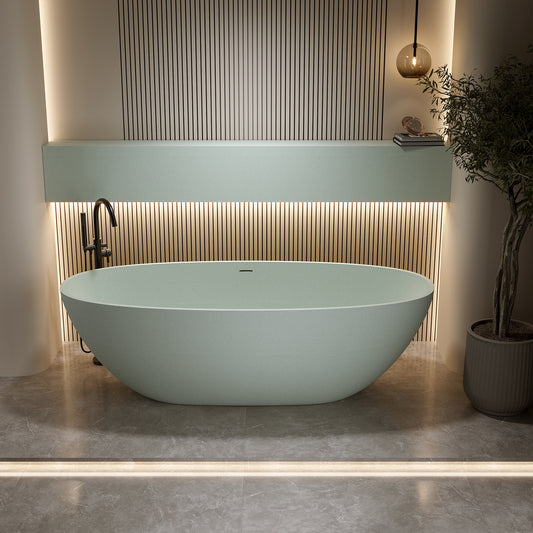 63'' Freestanding Bathtub Resin Stone Soaking Bathtub Solid Surface Modern Tubs with Overflow and Pop-up Drain