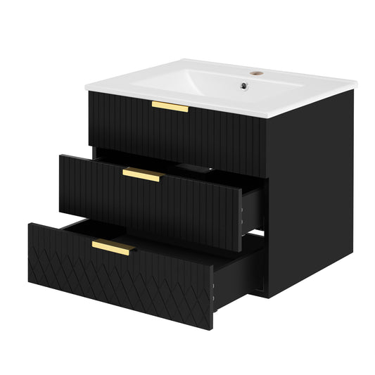 Modern Black Wall Mounted Floating Cabinet with Double Drawer, Ceramic Rectangular Sink, 24inch Bathroom Vanity with Single Faucet Hole and Overflow
