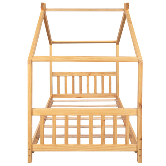 Twin Size House Platform Bed with Headboard and Footboard, Roof Design, Natural Pine Wood and MDF, 81.2''L x 41.2''W x 61.6''H