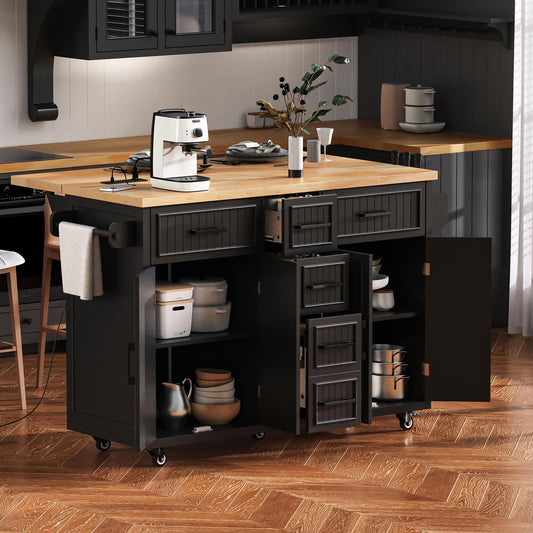 K&K 56.5'' Kitchen Island with Drop Leaf, Power Outlet, Embossed Vertical Stripe Rolling Kitchen Cart on Wheels with 4 Doors , 5 Deep Drawers and Adjustable Shelves, for Kitchen, Dining Room, Black