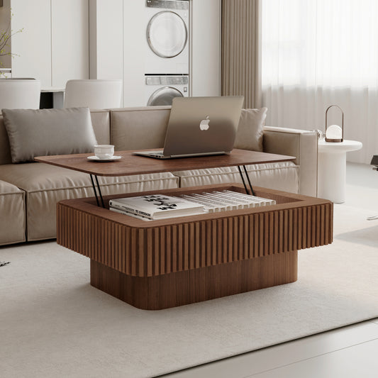 38.6'' Fluted Lift-top Coffee Table Solid Wood Veneered Modern Coffee Table Accent Tea Table with Storage and Adjustable Height for Living Room, Bedroom, Apartment or Office, Walnut