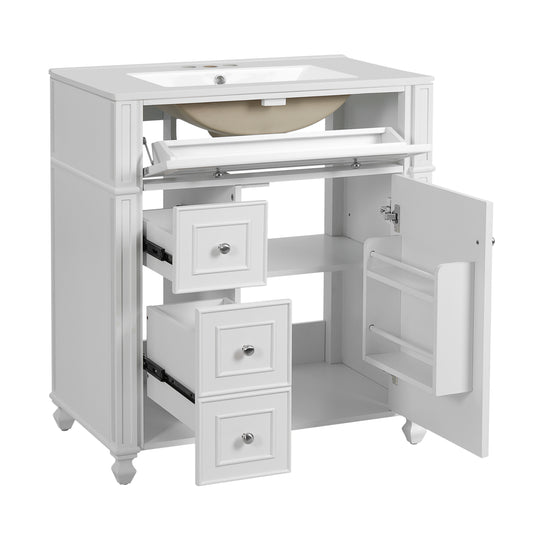 French-Inspired Bathroom Vanity Cabinet with Ceramic Sink, 30 Inch, White Storage Cabinet with Soft Close Doors with Door Organizer, MDF+Solid Wood Frame, Ceramic Basin