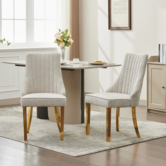 Rayon Cloth Flocking Chenille Dining Chairs Channel Kitchen Dinner Chair Comfy Fabric Upholstered Accent Chair for Dining Room with Golden Stainless Steel Plating Legs,Set of 2 (Beige), SW1647BG