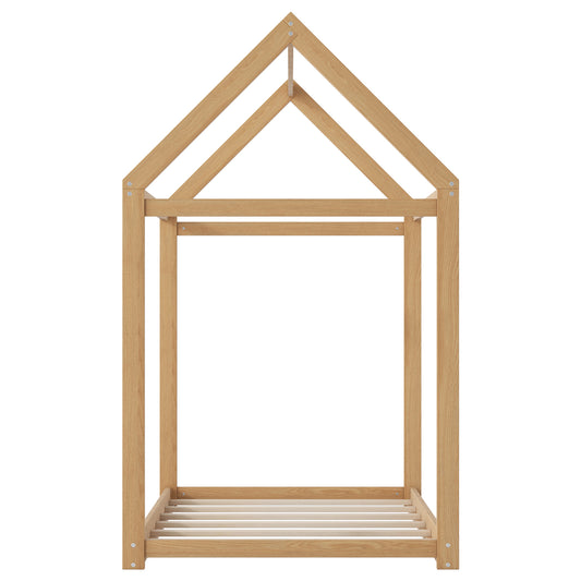 Twin Size Wooden House Bed in Wood Color with Pine and MDF Construction, 78.3''L x 42.5''W x 70.3''H
