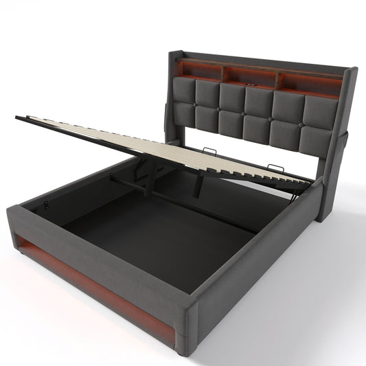 Grey Upholstered Platform Bed with Hydraulic Storage, LED Lighting & USB Charging, Full Size, Linen and Wood Frame