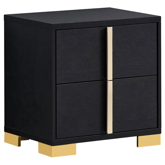 Jeremiah Black 2-Drawer Nightstand: Modern Storage with Gold Accents, Black Finish, Engineered Wood, 22.25H x 21.75W x 16.25D