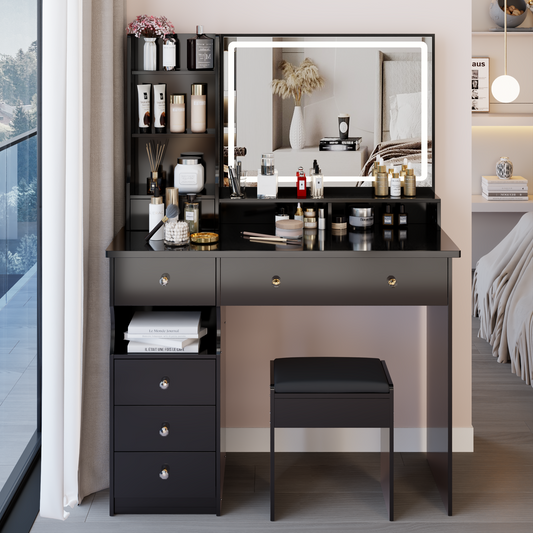41' Large Sized Desktop Vanity Table + Cushioned Stool, Oversized desktop, Large Touch Control LED Mirror, 3-color Switch, Multi Layer High Capacity Storage Fashion Dresser, EPA, GCC, UL Certificate