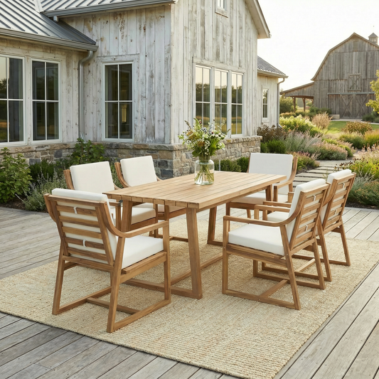 Outdoor Dining Set 7-Piece Outdoor Dining Set Patio Table And Chairs Set Modern Outdoor Furniture Set for Patio, Backyard, Garden, Light Teak Wood+Beige Cushion