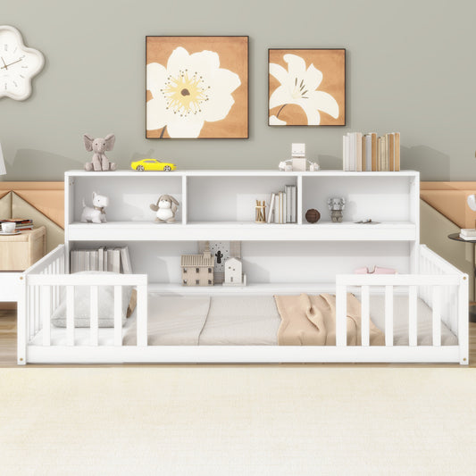 Twin Floor Bed with Bedside Bookcase,Shelves,Guardrails,White