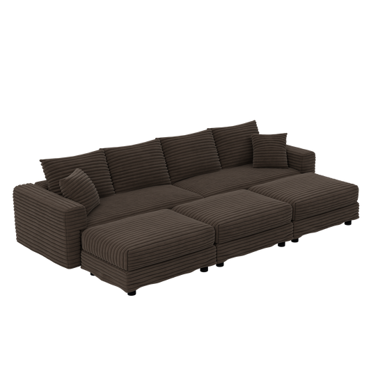 102.4 'Plush Corduroy 4-Seat Sofa,Modern Comfy Upholstered Sofa Cloud Couch,Deep Seat Couches with Soft Pillows and 3 Ottomans,Convertible Sofa Lounge Chair,Camel
