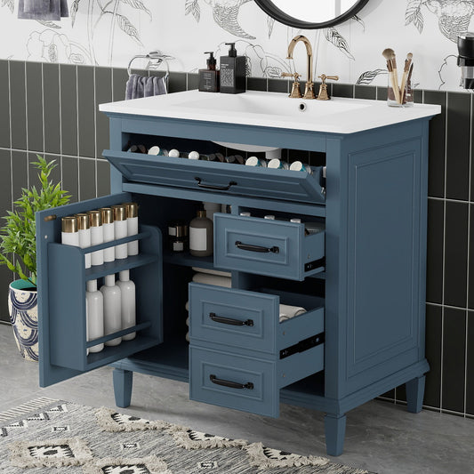 30 Inch Bathroom Vanity with Ceramic Sink Top, Solid Wood Frame, MDF & Pine Cabinet, Flip Drawers, Adjustable Shelf, and Zinc Alloy Handles, Freestanding Storage Cabinet (Faucet Not Included)