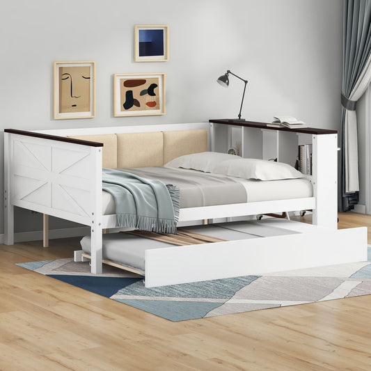 Full Size Wood Daybed with Storage Shelves, Upholstered Backrest,USB and Trundle, White