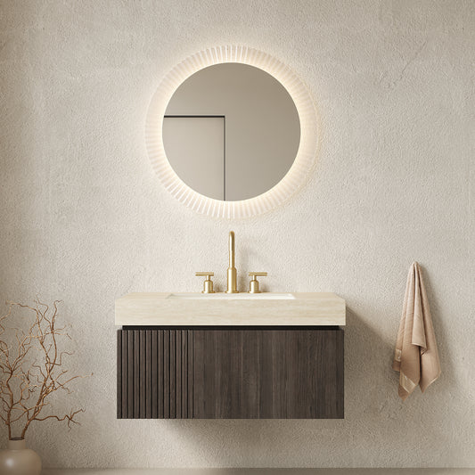 MURI 36' Bathroom Vanity&Sink, Floating Plywood Storage Cabinet with Drawer&Door, Roma Travertine Sintered Stone Top&Ceramic Basin with 3 Pre-drilled Faucet Holes, Pre-assembled, Espresso Woodgrain