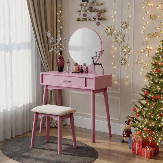 Maly Contemporary Wood Vanity and Stool Set, Pink