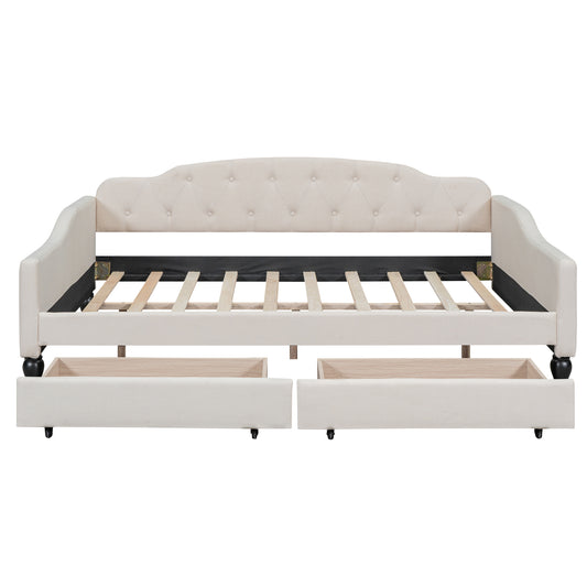 Beige Upholstered Tufted Full-Size Daybed with Two Drawers, Plywood Frame and Linen Fabric