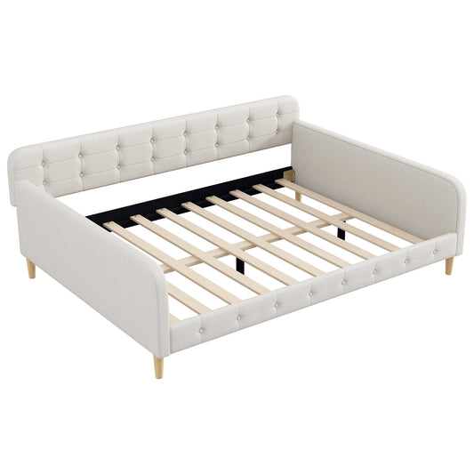 Beige Upholstered Queen Size Daybed with Solid Pine Wood Frame and 4 Support Legs