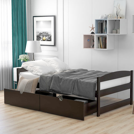 Espresso Twin Size Platform Bed with Two Drawers, Pine Wood and MDF Construction