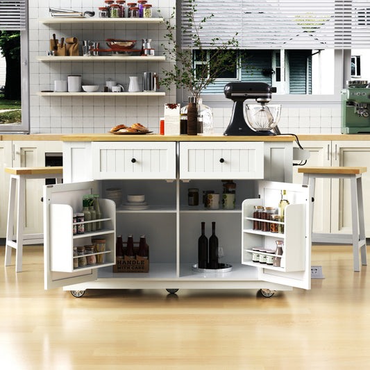 48inch Kitchen Island with 2 Bar Stools, Power Outlet, Door Internal Storage Rack, Kitchen Storage Cart on 5 Wheels with Drop Leaf, 5 Side Racks, 2 Drawers,White (Old SKU N707S000015W)(Three Packages)