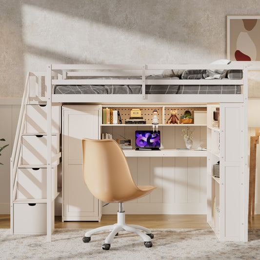 Full Loft Bed Frame with Built-In Wardrobe, Study Desk, Storage Shelves & Lights, Space-Saving Design for Bedroom-BEIGE