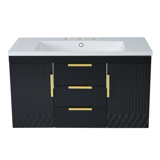 36'' Wall Mounted Bathroom Vanity with Resin Sink, Floating Storage Cabinet with 2 Drawers, Solid Wood Look in Black Finish, MDF Construction