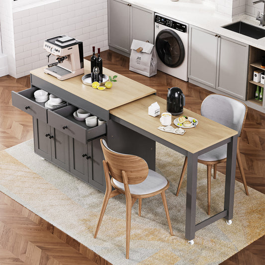 K&K 74.5 inch Kitchen Island with Extendable Dining Table , Rolling Kitchen Island on Wheels with Spice Rack and 2 Drawers, 4 Door Cabinet, for Kitchen, Dining Room, Grey (Two Packages)