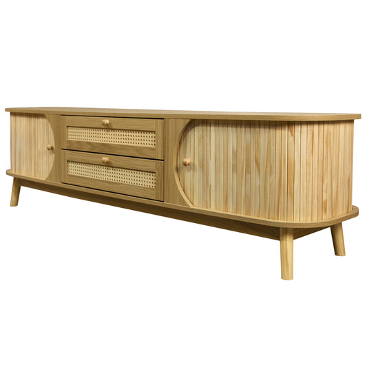 Modern Farmhouse Rattan TV Stand for TVs up to 75'', Solid Wood Legs, Natural Wood Finish Media Console with Storage Drawers and Sliding Doors