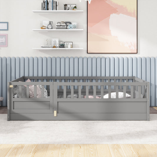 Twin Size Floor bed, integral construction with super high security barrier, door, children's floor bed frame, Montessori wooden children's floor bed, Grey(Patented model)