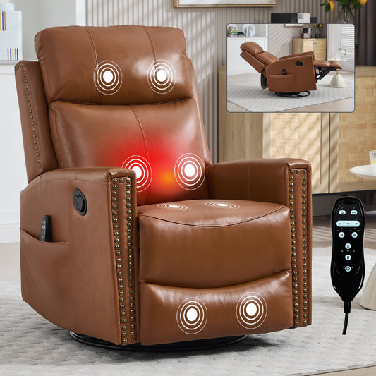 Deep Yellow Genuine Leather Heat Massage Manual Recliner Chair with Rocker and Swivel for Living Room