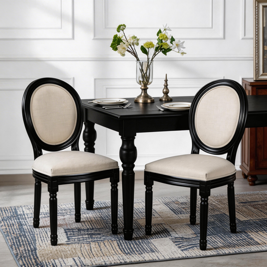 French Country Dining Chairs Set of 2, Upholstered Chairs with Sponge Round Back, for Living Room, Kitchen , Restaurant Use,Black S0lid Wood Frame, Beige Fabric