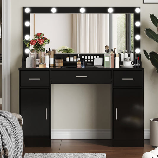 47.2'Vanity Desk with Large Mirror, 3 Colour Lighting Modes, Adjustable Brightness, Dresser with 3 Drawers & 2 Vertical Cabinets, Makeup Vanity Table for Women & Girls (Black)