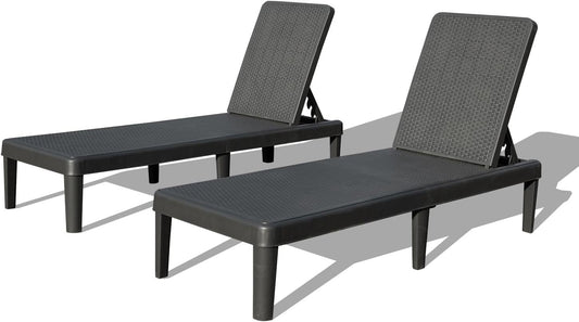 Pool Lounge Chairs Set of 2, Outdoor Lounge Chairs with 6 Positions Backrest Adjustable, Resin Waterproof Chaise Lounge Outdoor for Poolside Patio Garden Deck