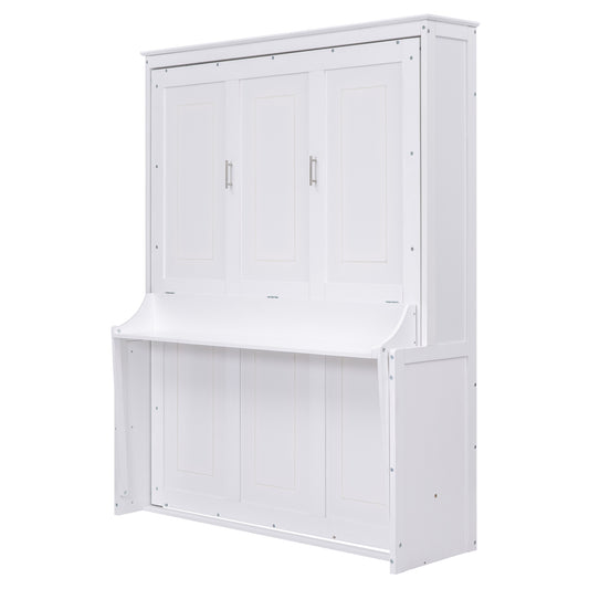 White Queen Size Murphy Bed with Shelf, Pine Wood + MDF, 80.7'' x 61'' Mattress Support