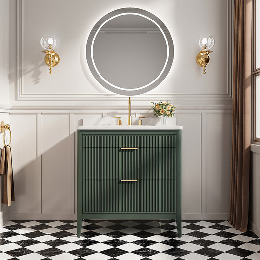 Fully Assembled 36'' Green Freestanding Single Sink Bathroom Vanity with Solid Wood Construction and Engineered Marble Top