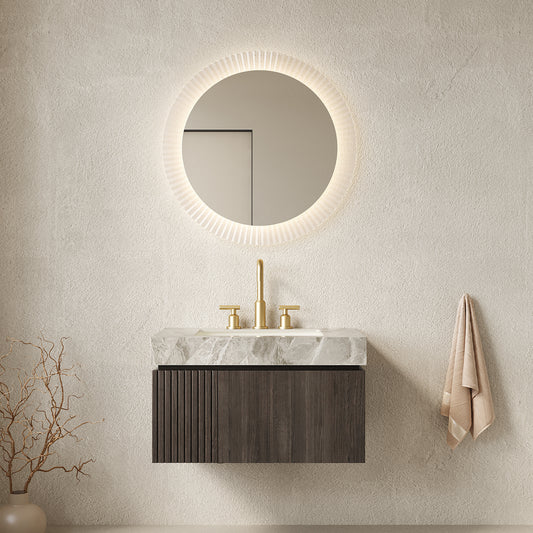 MURI 30' Bathroom Vanity&Sink, Floating Plywood Storage Cabinet with Drawer&Door, Light Gray Sintered Stone Top&Ceramic Basin with 3 Pre-drilled Faucet Holes, Pre-assembled, Espresso Woodgrain Color