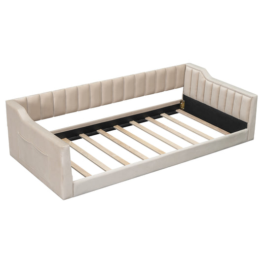 Upholstered Twin XL Daybed with Side Storage Pocket in Beige Velvet