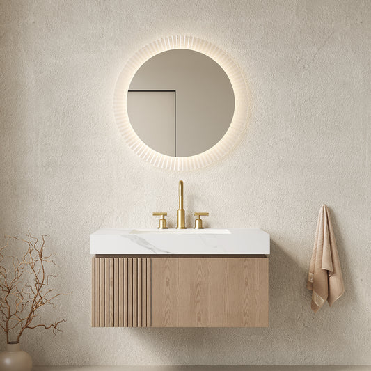 MURI 36' Bathroom Vanity&Sink, Floating Plywood Storage Cabinet with Drawer&Door, Carrara White Sintered Stone Top&Ceramic Basin with 3 Pre-drilled Faucet Holes, Pre-assembled, Heidelberg Woodgrain