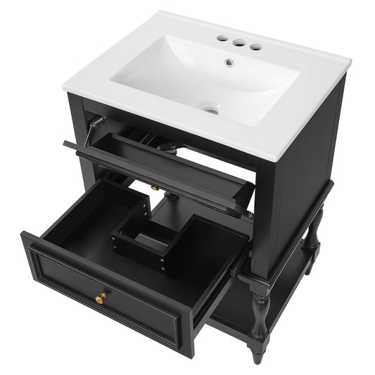 Retro Black Bathroom Vanity with Ceramic Sink, 2-Drawer Storage Cabinet with Open Shelf, Modern Design, 24''
