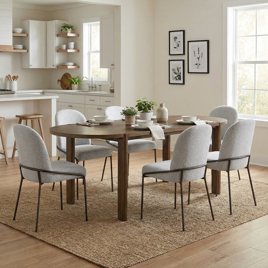 7 Pieces Modern Oval Dining Set, Rustic Farmhouse Solid Wood Kitchen Table Set for 6, 71'' Large Luxury Retro Country Dinner Set with Light Gray Chairs, for Dining Room, Kitchen, Home Office, Walnut