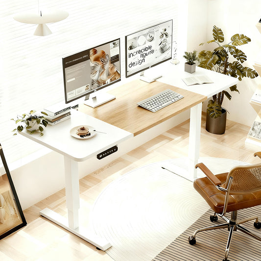 55'×24' White&Oak Electric Standing Desk Height Adjustable Desk for Home and Office Computer Table Gaming Desk Modern Lift-up Desk