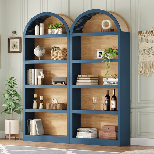 ON-TREND Freestanding Tall Bookshelves Set of 2, Farmhouse Two-Tone Open Storage Cabinet with Fabric Arched Top, 5-Tier Display Bookcase for Living Room, Bedroom, Home Office, Blue+Natural