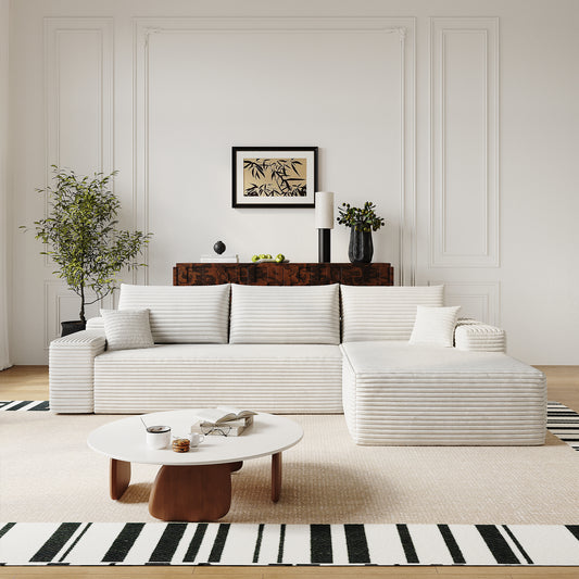 107' Cloud Sectional Couch with L-Shape Chaise,Modern Modular Sofa with Deep Seat, Upholstered Couches for Living Room Bedroom,No Assembly Required, (Plush Corduroy Fabric),White
