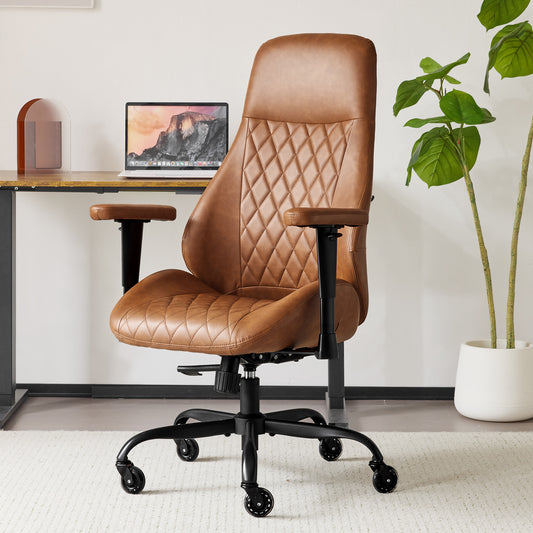 Home Office Desk Chair High Back Office Rubber Casters Ergonomic Computer Chair with Lumbar Support Adjustable Height Rolling Swivel Chair Executive Task Armrests, Brown Leather