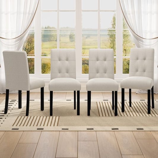 4 Piece Modern Tufted Dining Chair, Rustic Linen Upholstered with Black Rubber Wood Legs, Upholstered Accent Chair for Kitchen, Dining Room, Bedroo, Beige