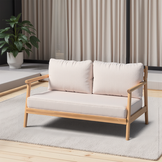 Patio Acacia Wood Loveset Sofa with Water-resistant Cushion, Teak + Beige