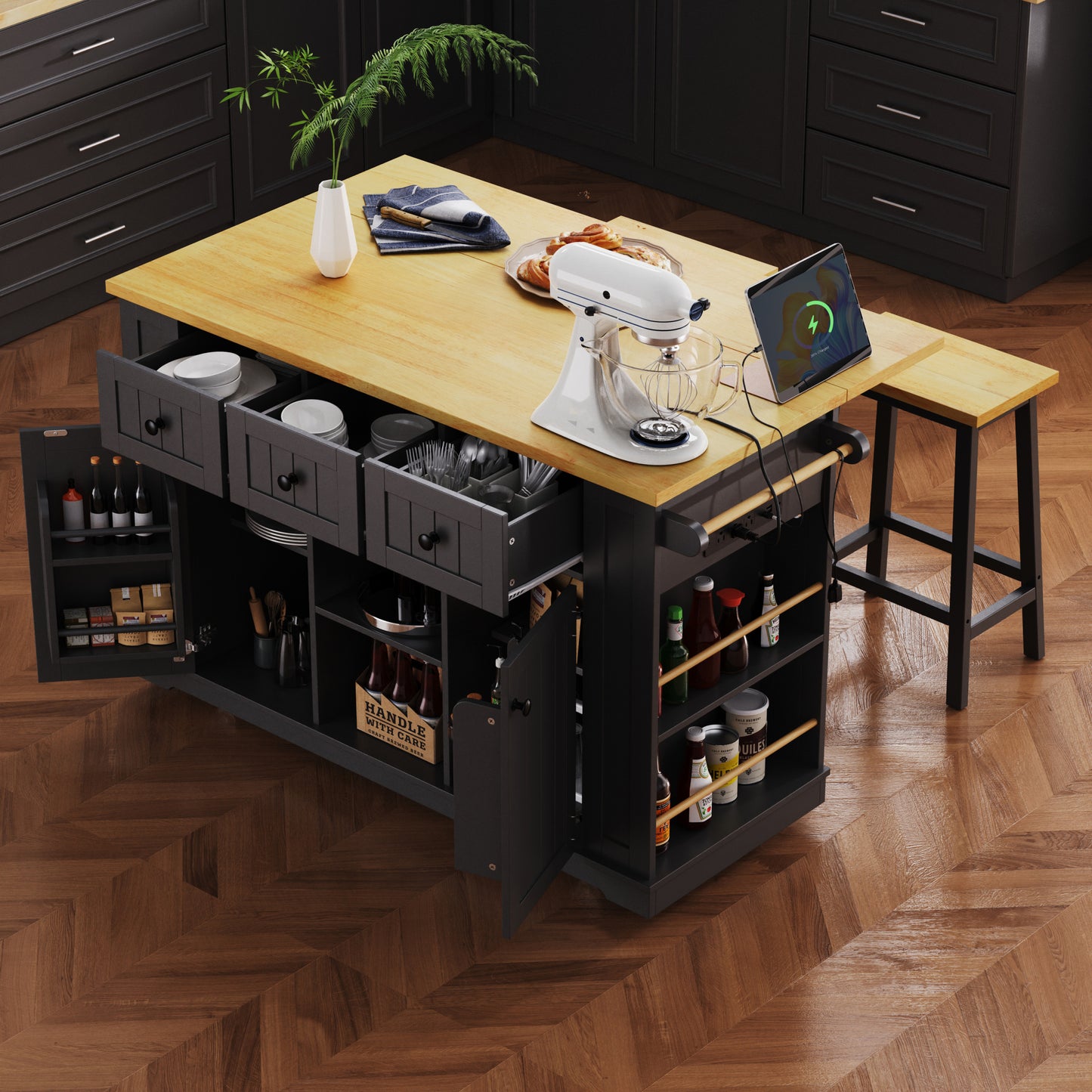 K&K 53inch Large Kitchen Island with Drop Leaf, Power Outlet, Door Internal Storage Rack, Rolling Kitchen Cart on 5 Wheels with 5 Open Side Racks for Kitchen, Dining Room,Black(Not include bar stools)