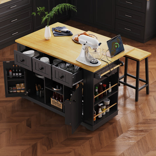 K&K 53inch Large Kitchen Island with Drop Leaf, Power Outlet, Door Internal Storage Rack, Rolling Kitchen Cart on 5 Wheels with 5 Open Side Racks for Kitchen, Dining Room,Black(Not include bar stools)