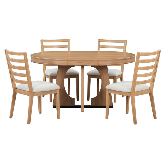 TREXM Retro Round Dining Table Set for 4 with Chairs, Extendable Table with 16' Removable Leaf, Natural Finish, Solid Wood & MDF Construction, 5 Piece Geometric Design Dining Set