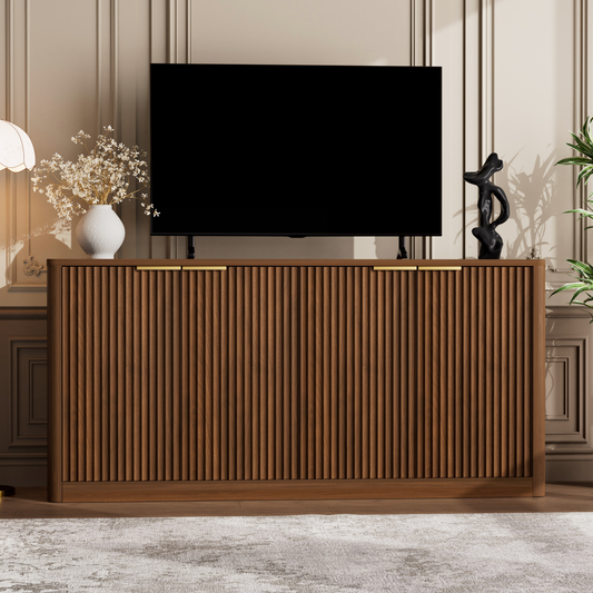 59-inch modern wavy sideboard, curved contour design storage cabinet, 4-door cabinet with storage function, suitable for kitchen/bedroom/living room, Walnut, 59.0'L x 15.7'W x 27.7'H