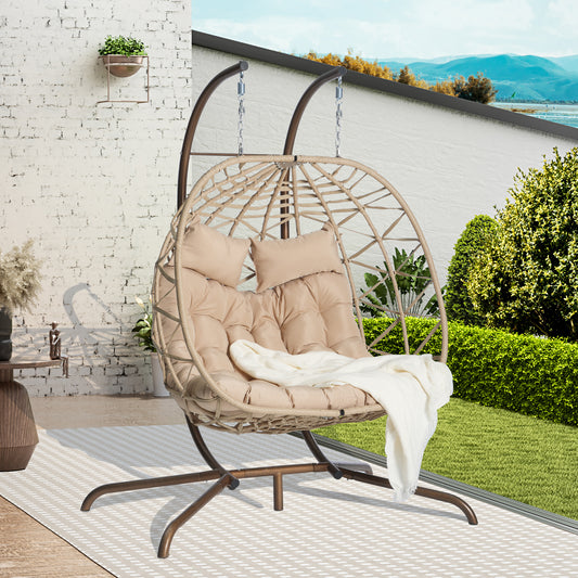 Double Egg Chair with Stand Hanging Indoor Outdoor Wicker Rattan Patio Basket Egg Swing Chair Hammock Egg Chairs with UV Resistant Cushions 600 lbs for Bedroom Balcony Patio
