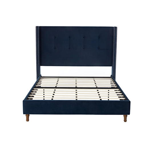 Peyton Upholstered Queen Bed with 54' High Headboard and Traditional Buttoned Tufting in Blue Velvet